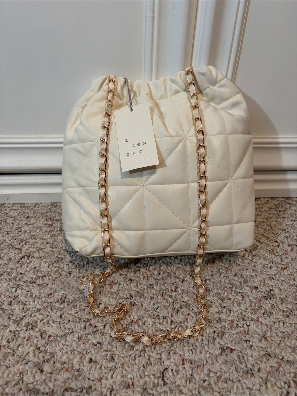 a new day Cream Quilted Drawstring Shoulder Bag with Gold Chain